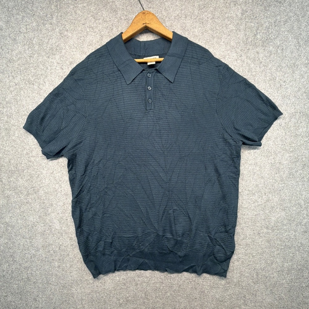 Thom Aaron Short Sleeve Knit Polo Shirt Men XL Navy Blue Rayon Blend Sweater